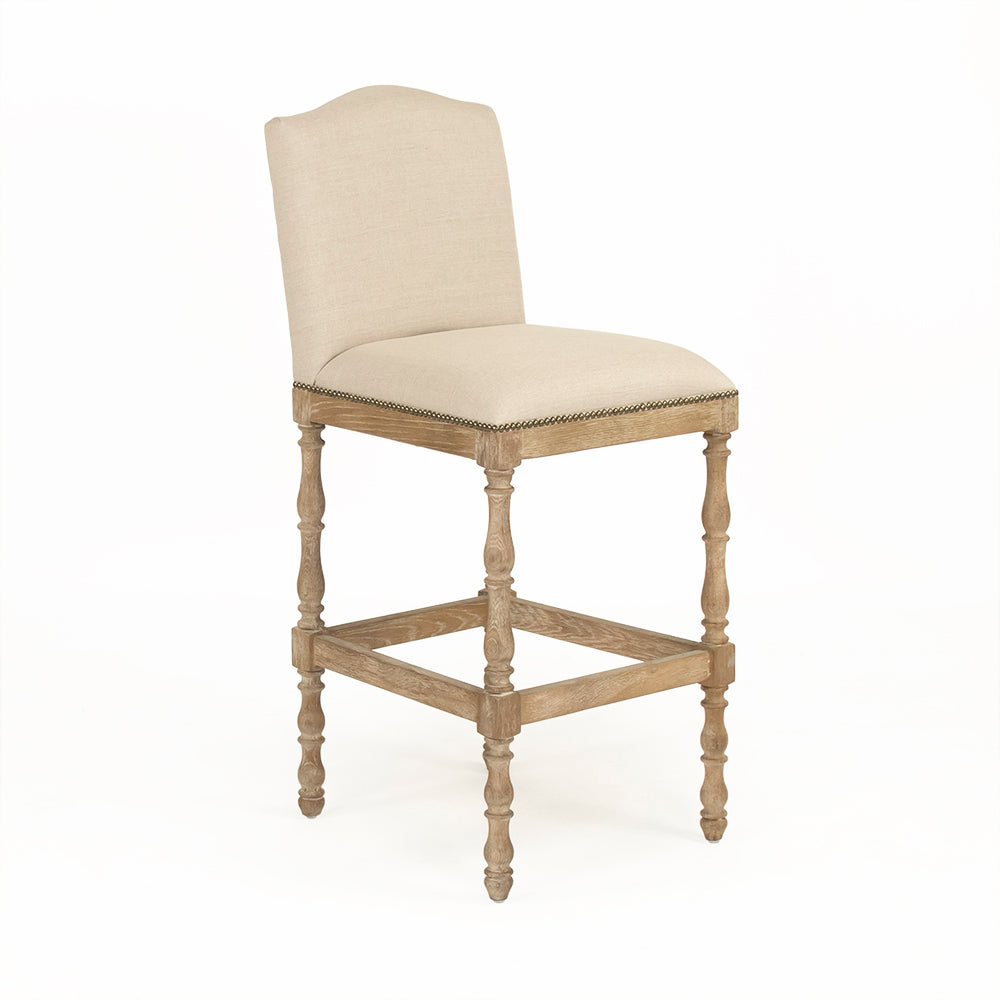 Aria French Turned Oak Bar Stool in Natural Linen, Recycled Oak, studio photo 1 of 3 on a white background