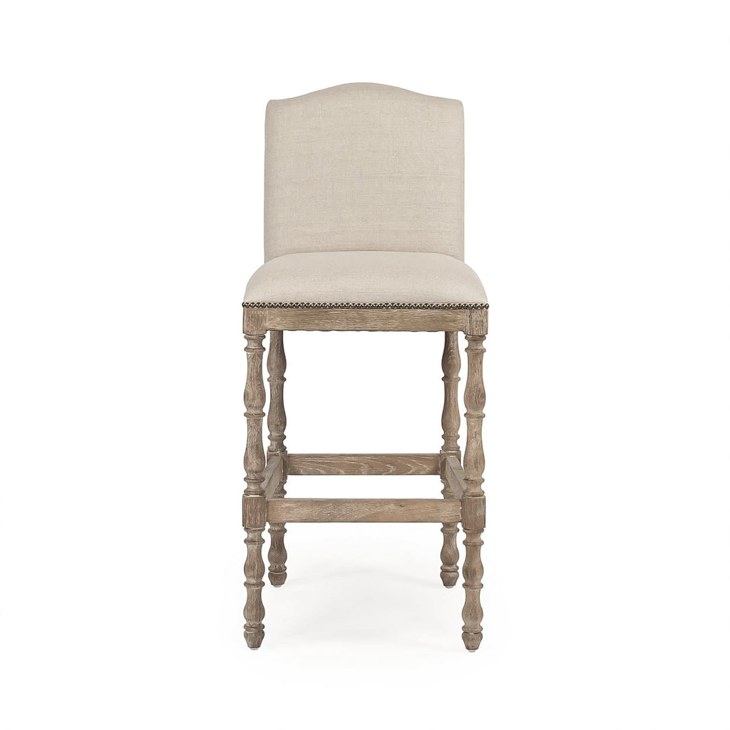 Aria French Turned Oak Bar Stool in Natural Linen, Recycled Oak, studio photo 2 of 3 on a white background