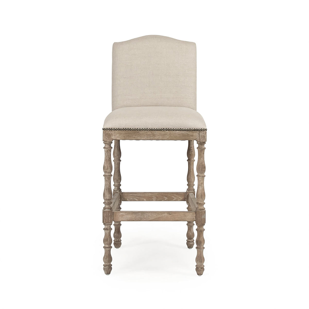 Aria French Turned Oak Bar Stool in Natural Linen, Recycled Oak, studio photo 2 of 3 on a white background