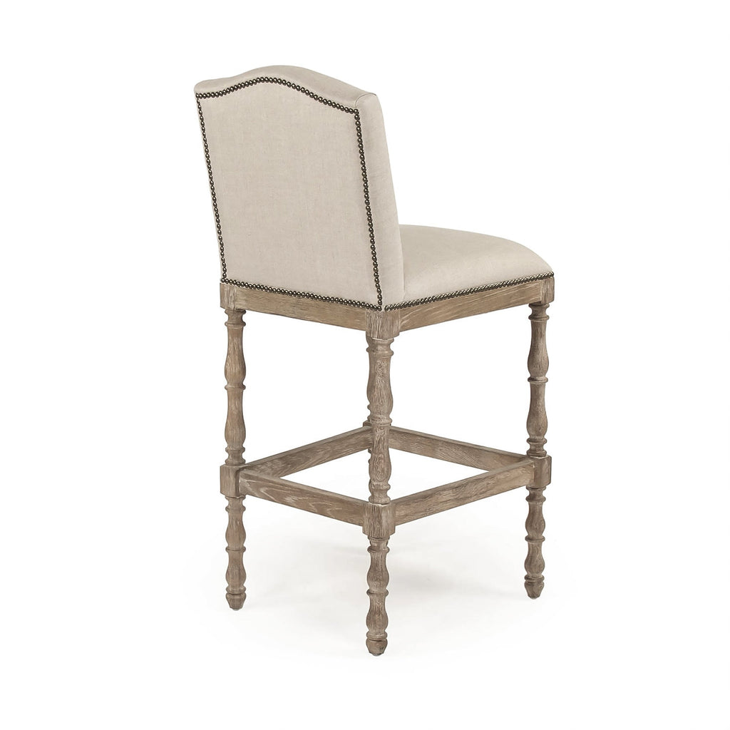Aria French Turned Oak Bar Stool in Natural Linen, Recycled Oak, studio photo 3 of 3 on a white background