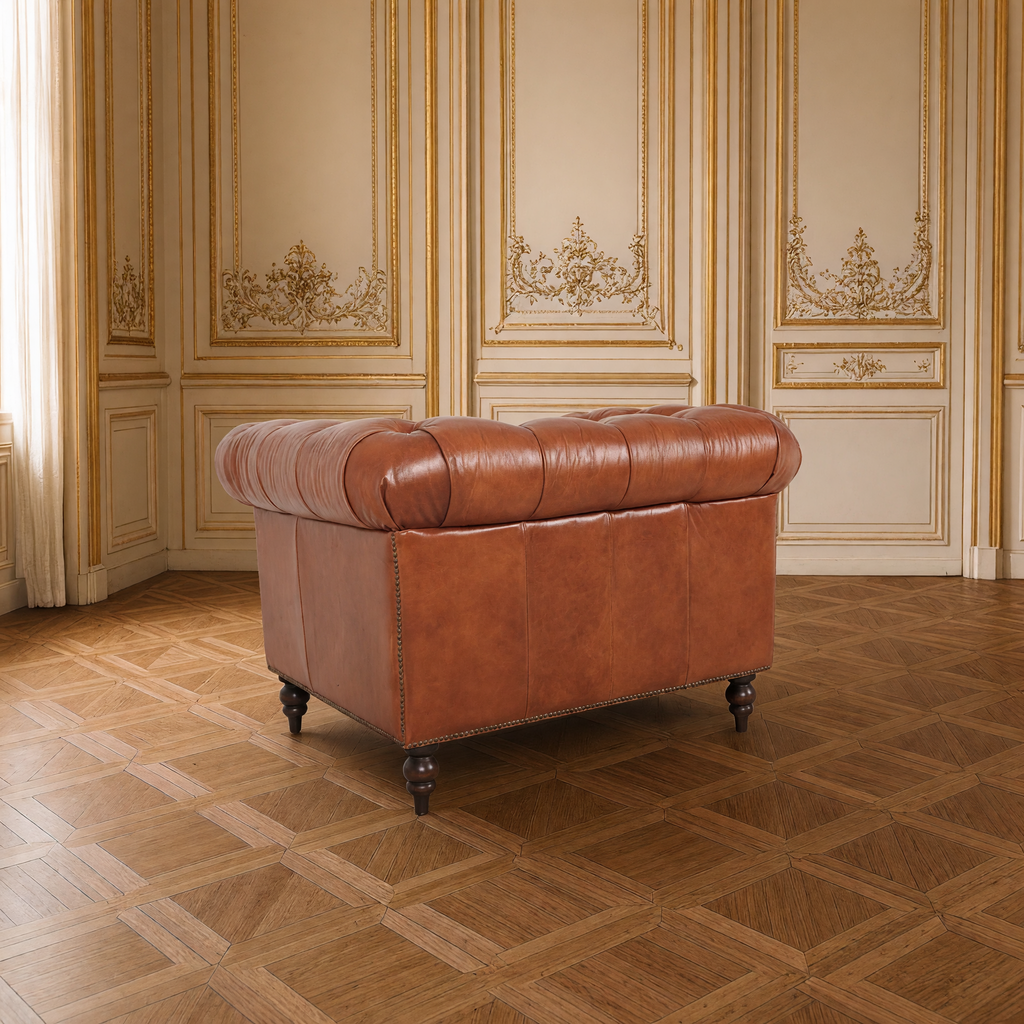 Arthur Chesterfield leather arm chair back view