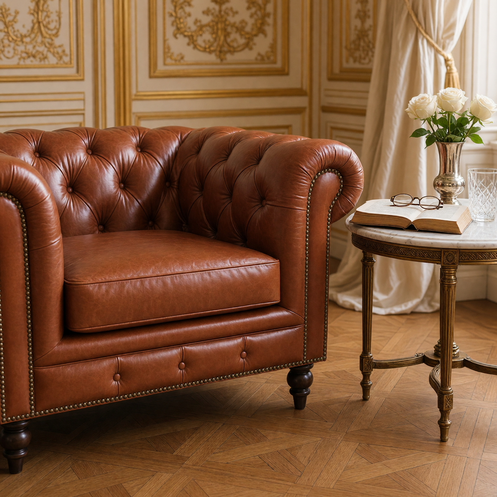 Close view of the tufted back, rolled arms and nailhead trim of the Arthur Chesterfield arm chair