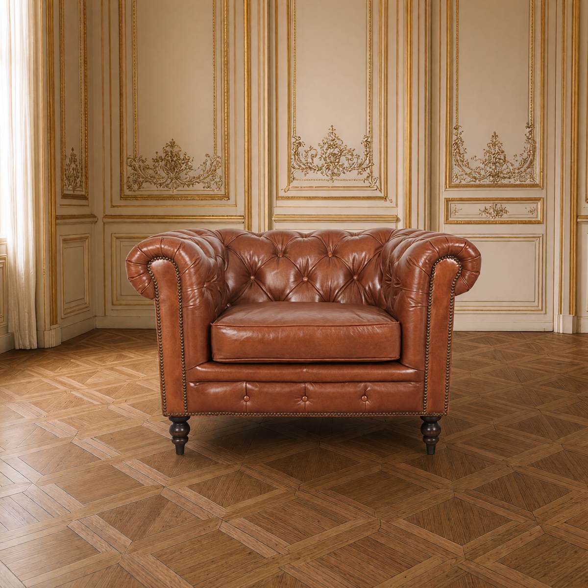 Arthur Chesterfield leather arm chair front view