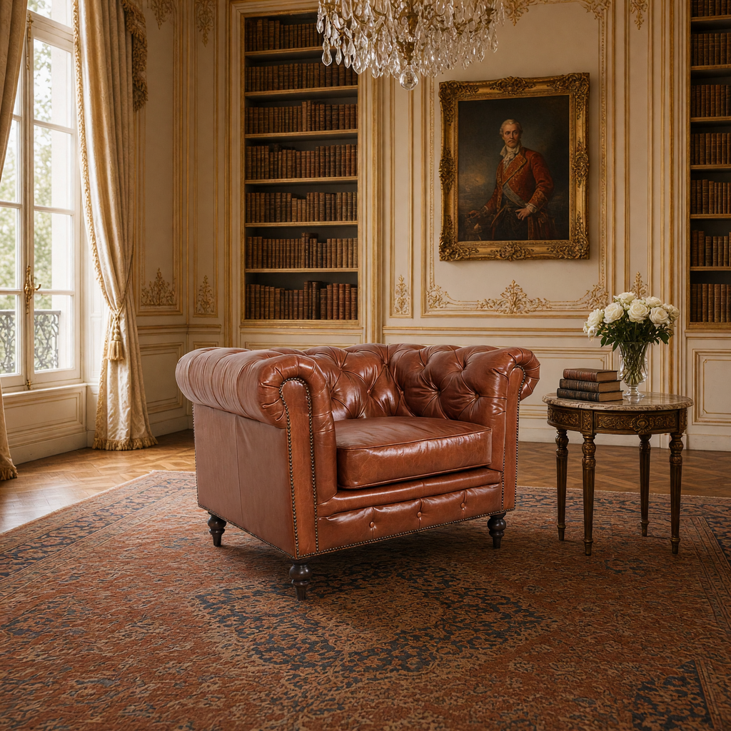 Arthur Chesterfield arm chair styled in a Louis XVI library with leather-bound books and an antique Persian carpet