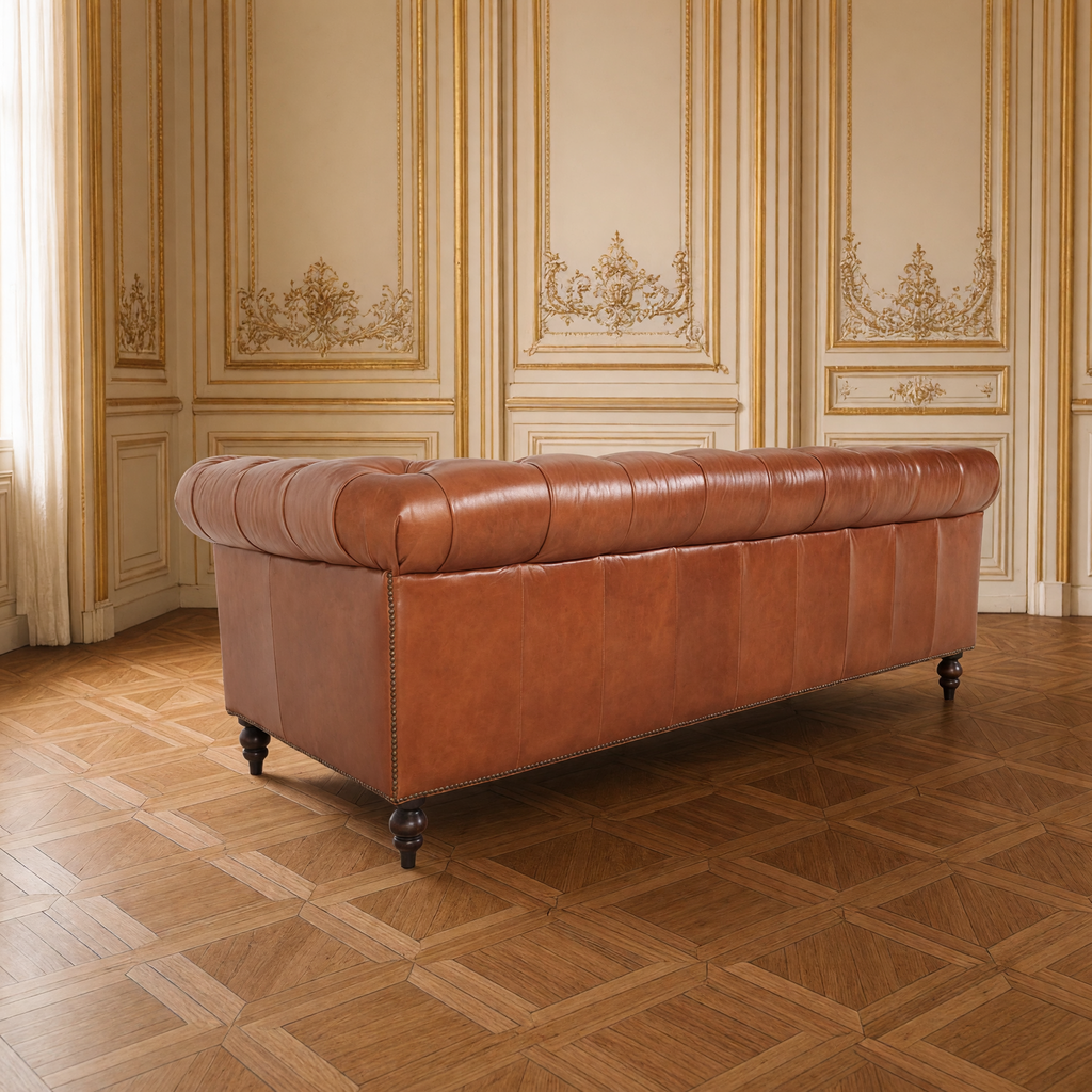 Arthur Chesterfield leather sofa back view showing the paneled leather back