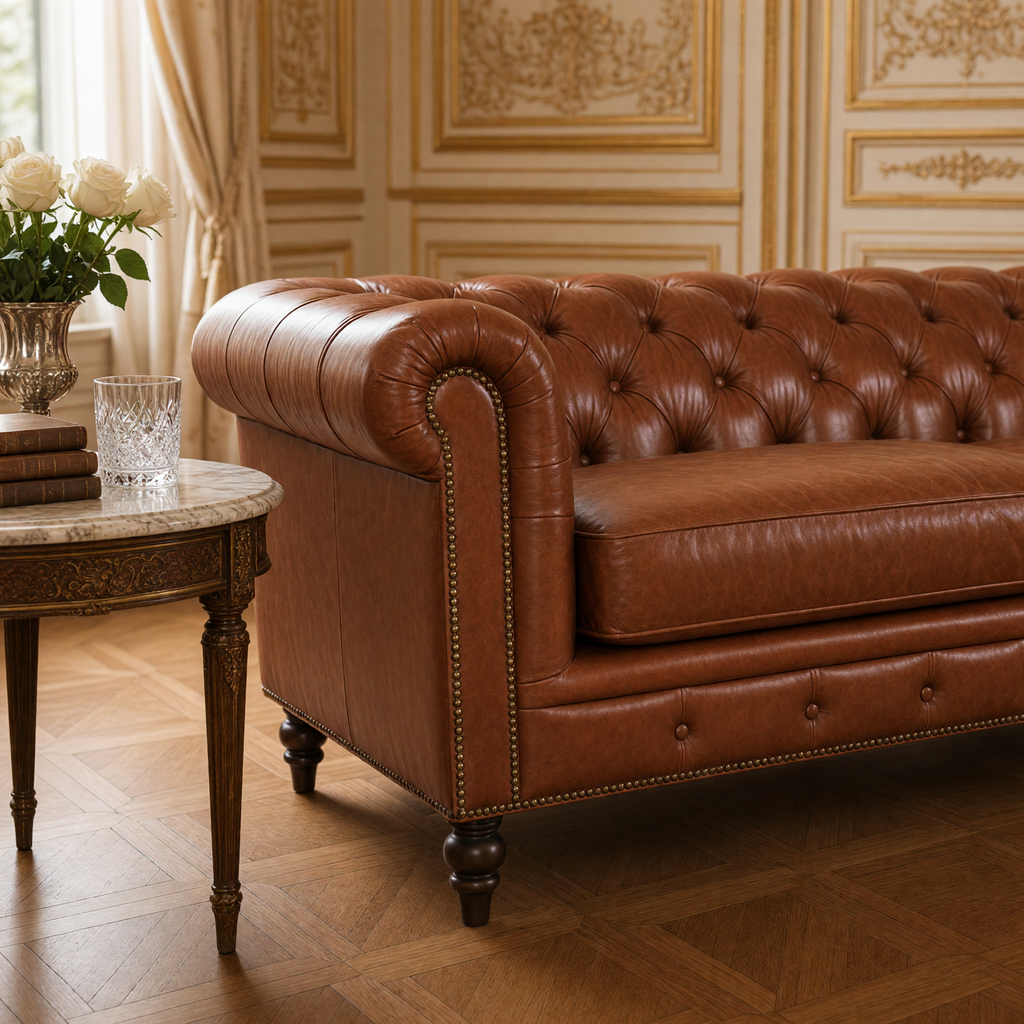 Close view of the rolled arm, diamond tufting and nailhead trim of the Arthur Chesterfield sofa