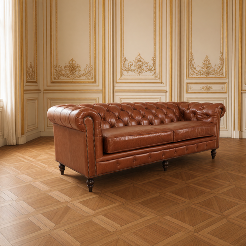 Arthur Chesterfield leather sofa in cognac brown in a classical ivory and gold French salon