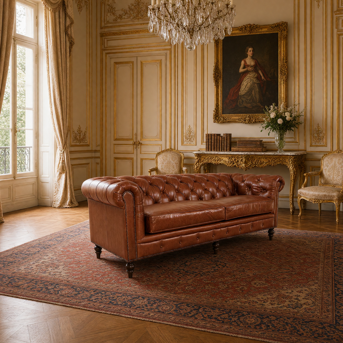 Arthur Chesterfield sofa styled in a Louis XVI salon with gilded chairs and an antique Persian carpet