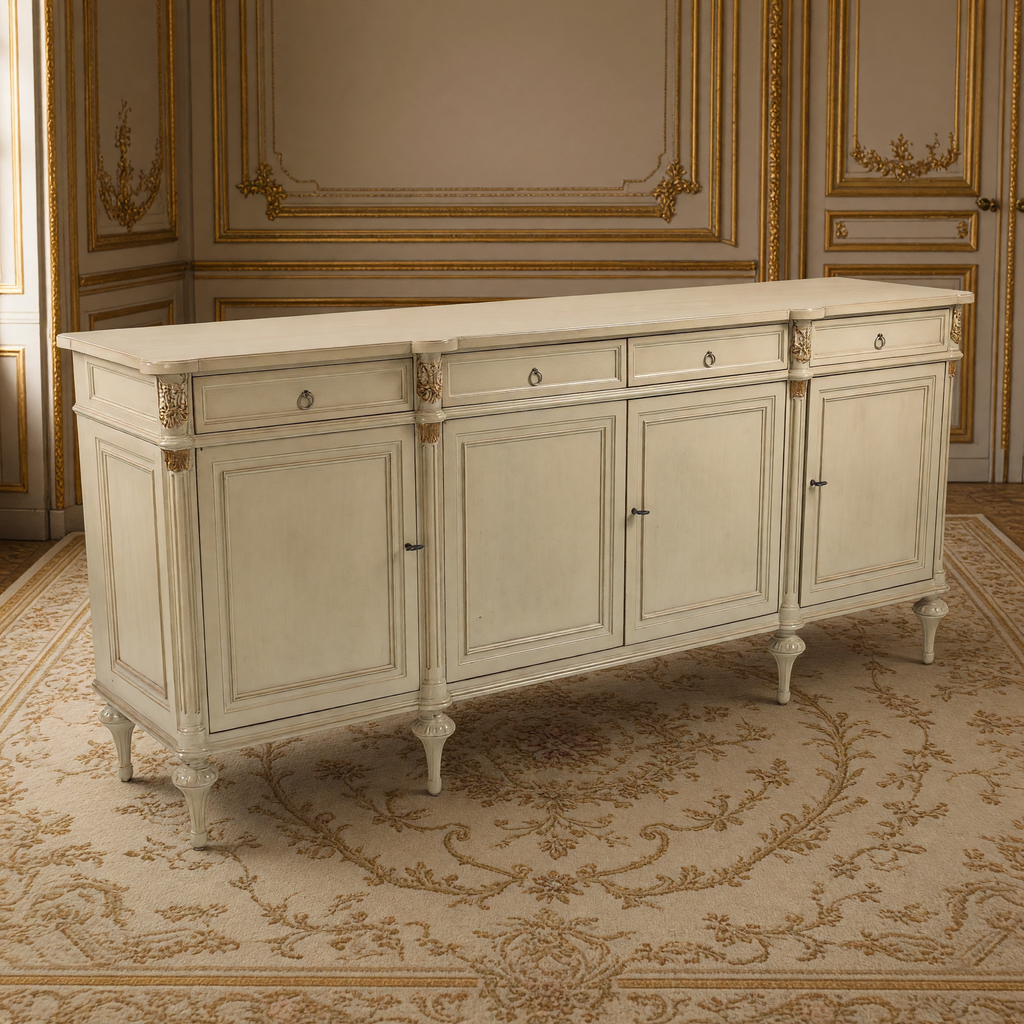 Astor French Painted Birch Buffet in Cream on an antique Aubusson carpet in a taupe and gold French boiserie dining salon