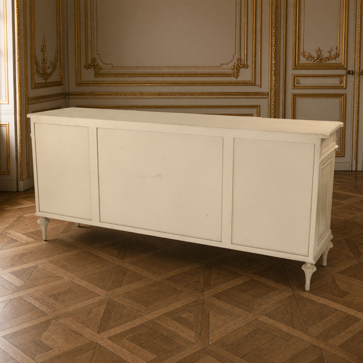 Back view of the Astor French Painted Birch Buffet in Cream showing the plain paneled back