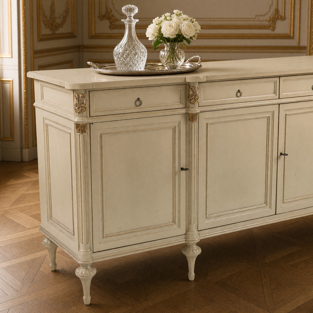 Close view of the gilded capital, drawer and paneled door of the Astor French Painted Birch Buffet in Cream