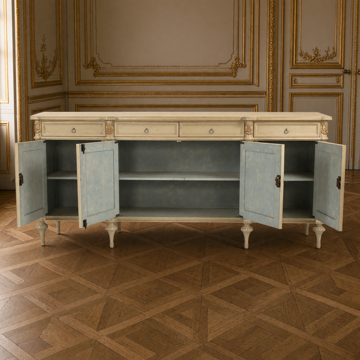 Astor French Painted Birch Buffet in Cream with its four doors open showing the blue-grey shelved interior