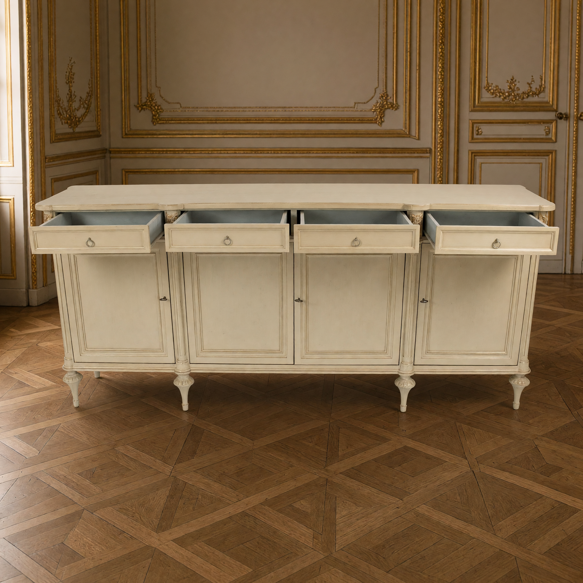 Astor French Painted Birch Buffet in Cream with its four drawers open