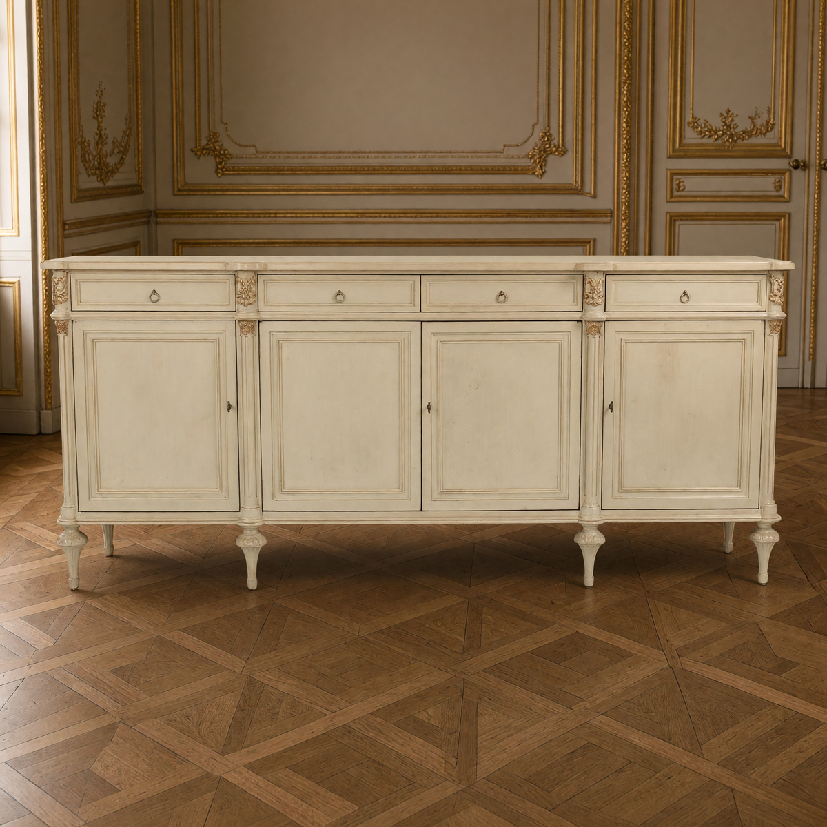 Front view of the Astor French Painted Birch Buffet in Cream in a French boiserie salon