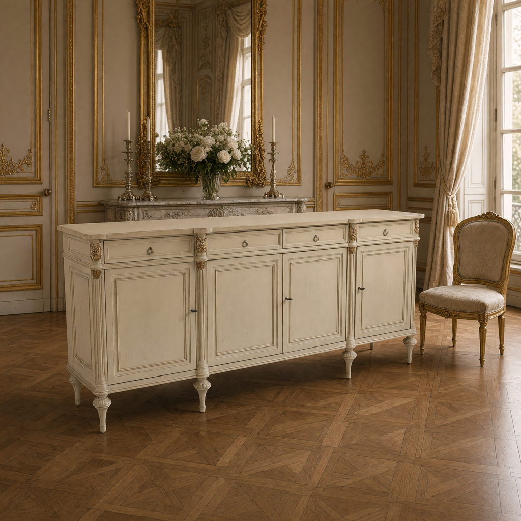 Astor French Painted Birch Buffet in Cream styled beneath a gilded mirror with silver candlesticks, white roses and a Louis XVI chair