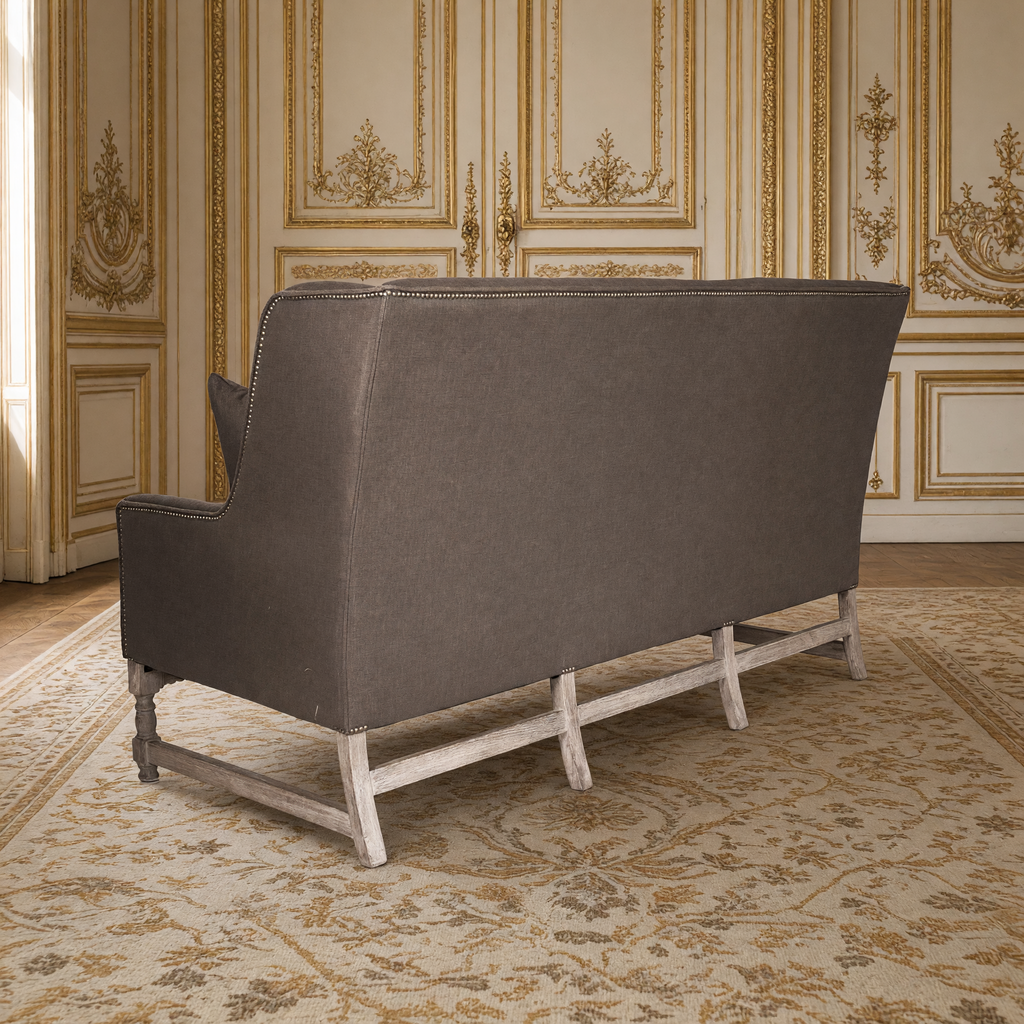 Back view of the Aubert French Linen High-Back Bench in Aubergine Linen, Limed Grey Oak