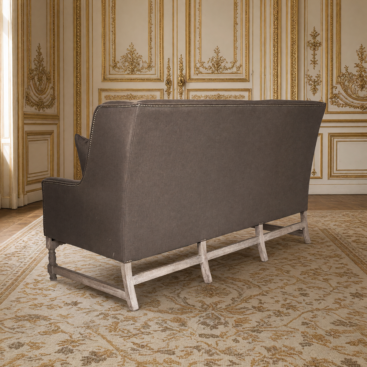 Back view of the Aubert French Linen High-Back Bench in Aubergine Linen, Limed Grey Oak