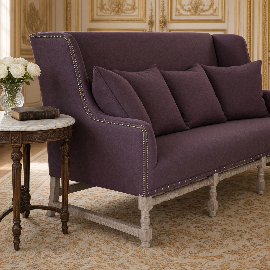 Close-up of the Aubert French Linen High-Back Bench in Aubergine Linen, Limed Grey Oak