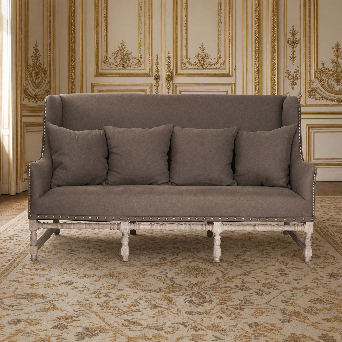 Front view of the Aubert French Linen High-Back Bench in Aubergine Linen, Limed Grey Oak
