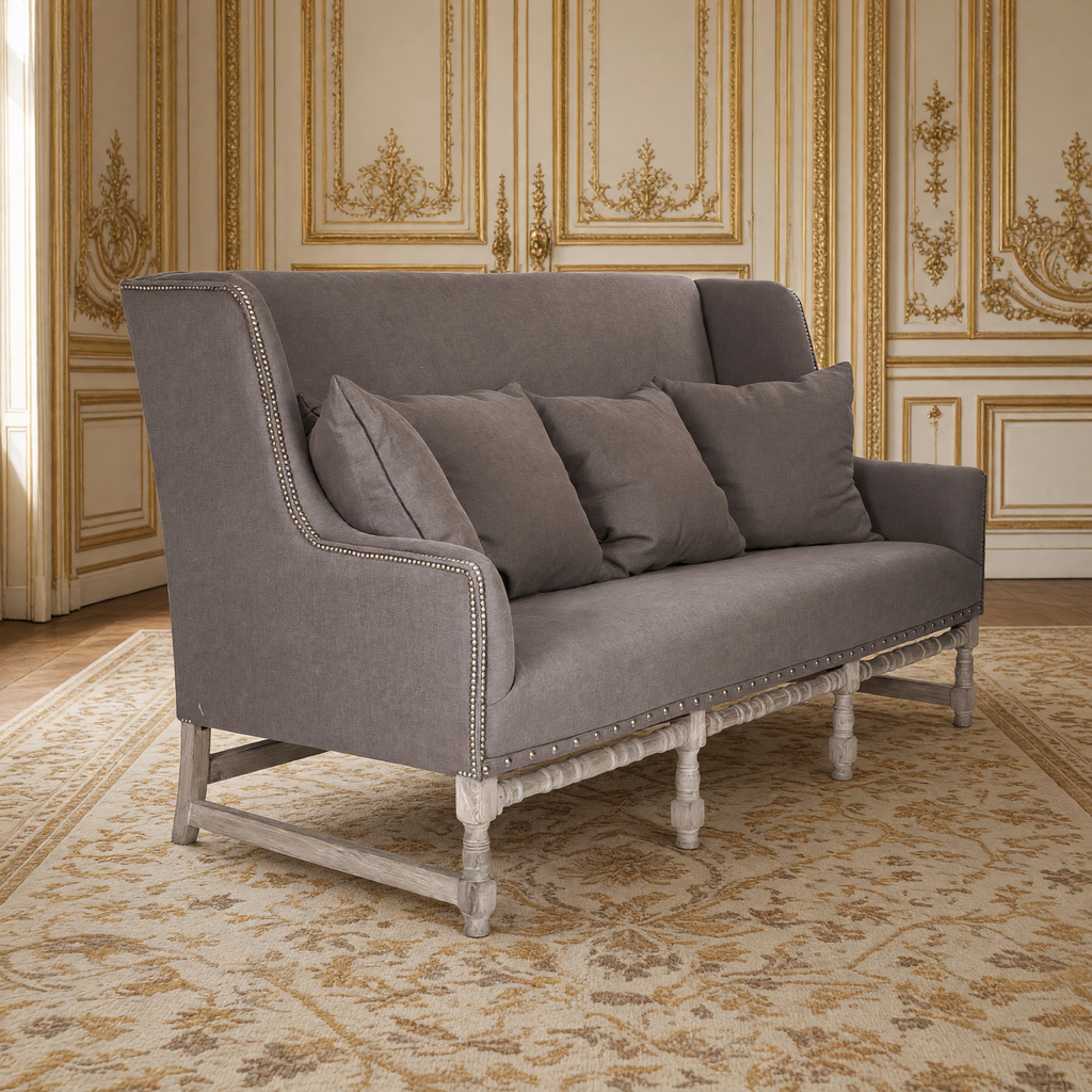 Aubert French Linen High-Back Bench in Aubergine Linen, Limed Grey Oak, in a French salon