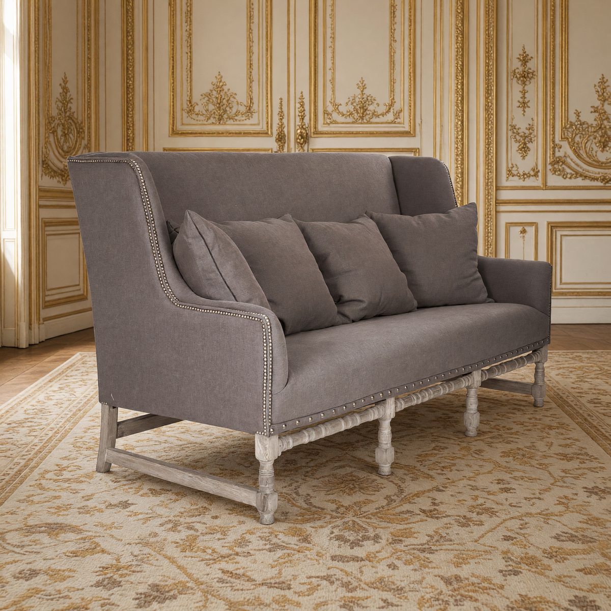 Aubert French Linen High-Back Bench in Aubergine Linen, Limed Grey Oak, in a French salon