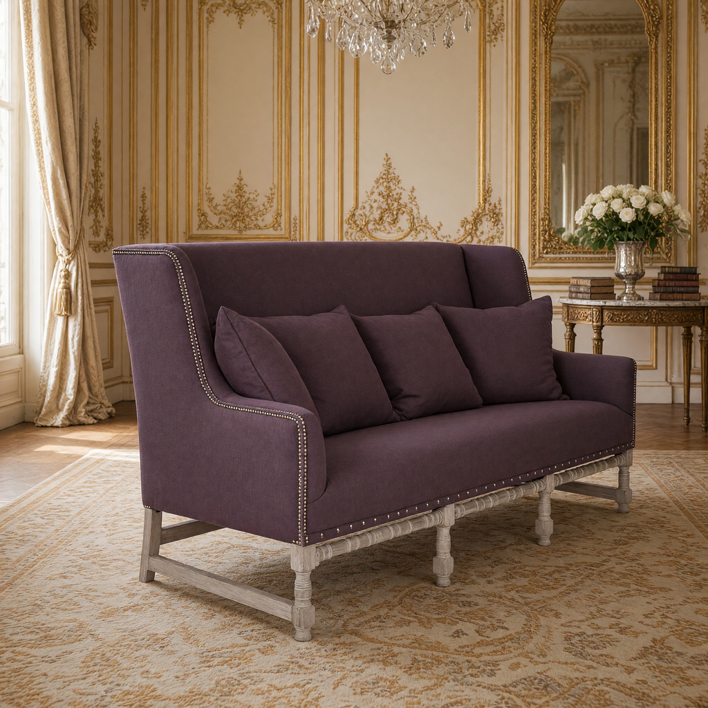 Aubert French Linen High-Back Bench in Aubergine Linen, Limed Grey Oak, styled in a French salon