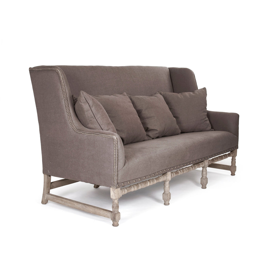 Aubert French Linen High-Back Bench in Aubergine Linen, Limed Grey Oak, studio photo 1 of 3 on a white background