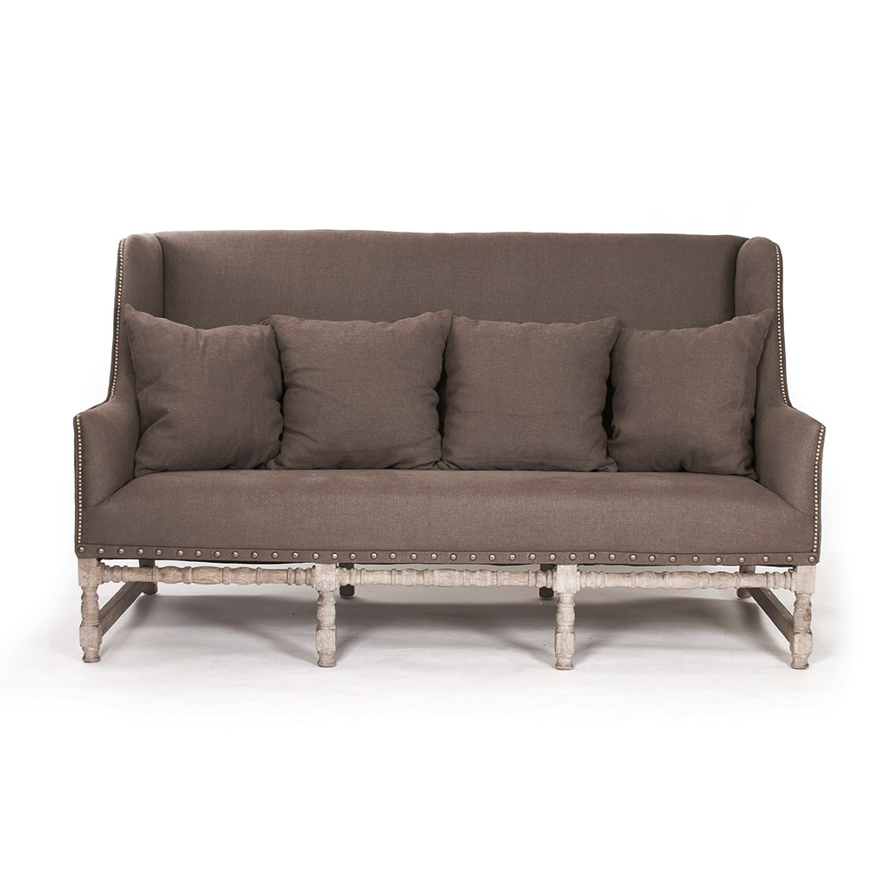 Aubert French Linen High-Back Bench in Aubergine Linen, Limed Grey Oak, studio photo 2 of 3 on a white background
