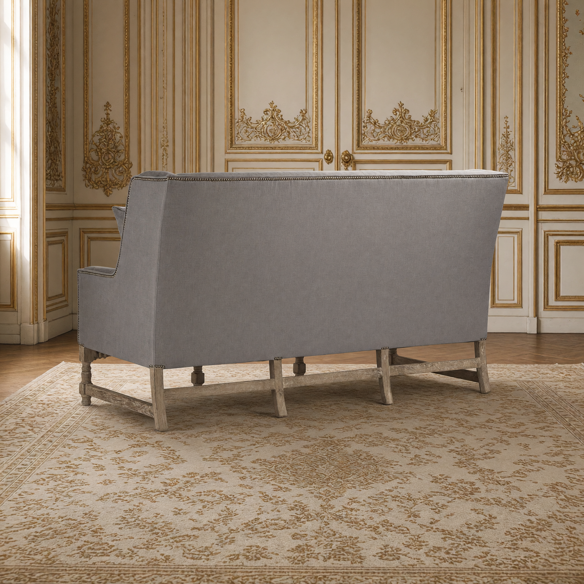 Back view of the Aubert French Linen High-Back Bench in Grey Linen, Limed Grey Oak