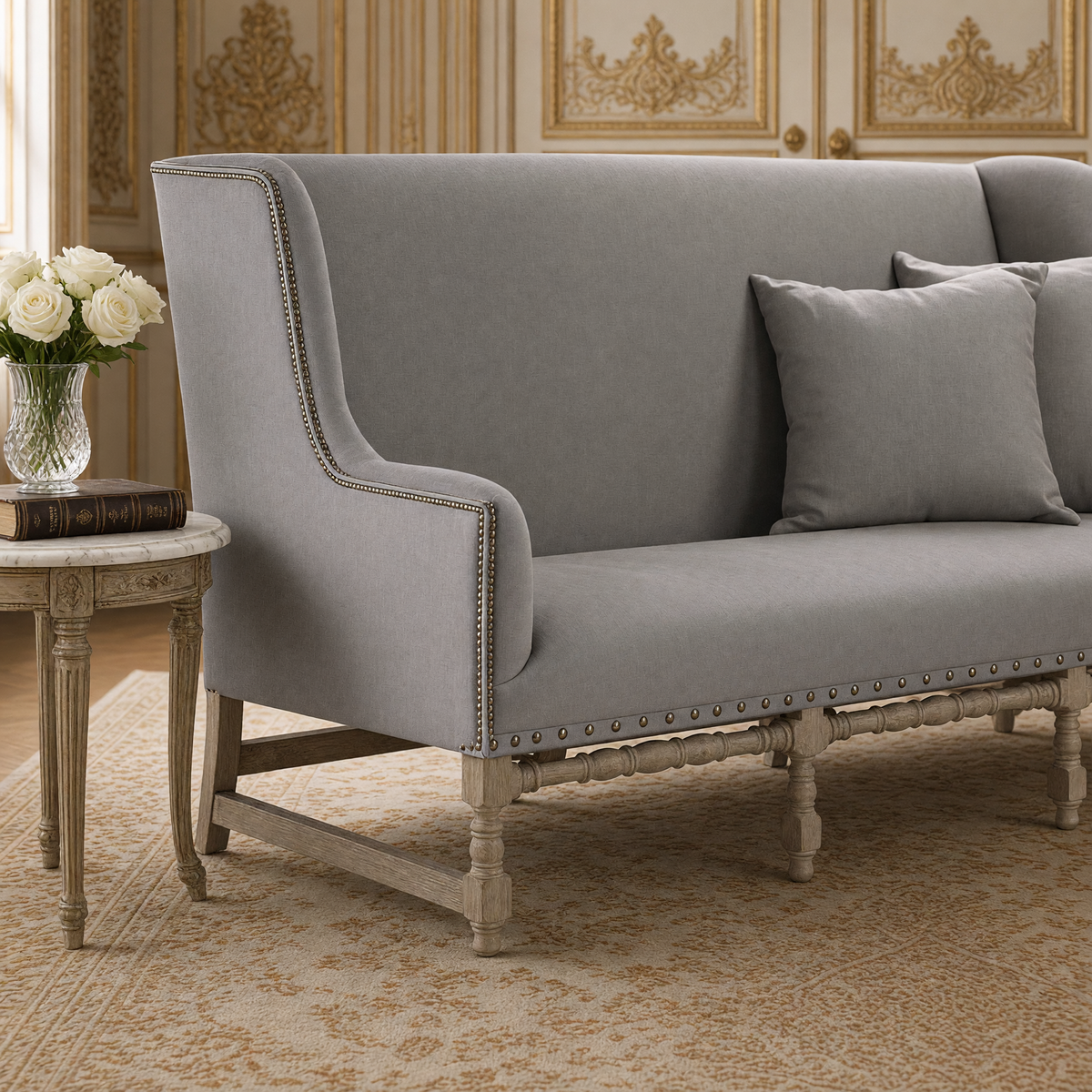 Close-up of the Aubert French Linen High-Back Bench in Grey Linen, Limed Grey Oak