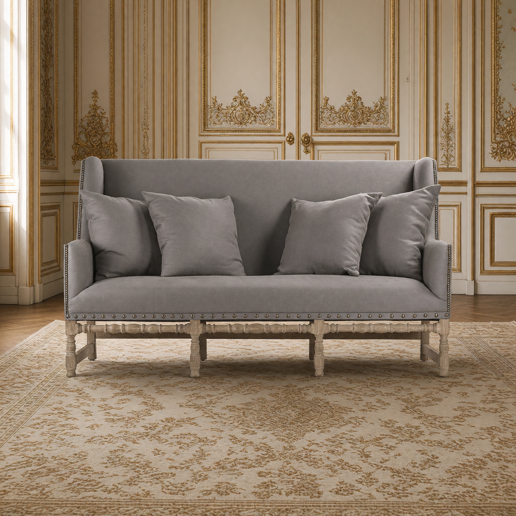 Front view of the Aubert French Linen High-Back Bench in Grey Linen, Limed Grey Oak