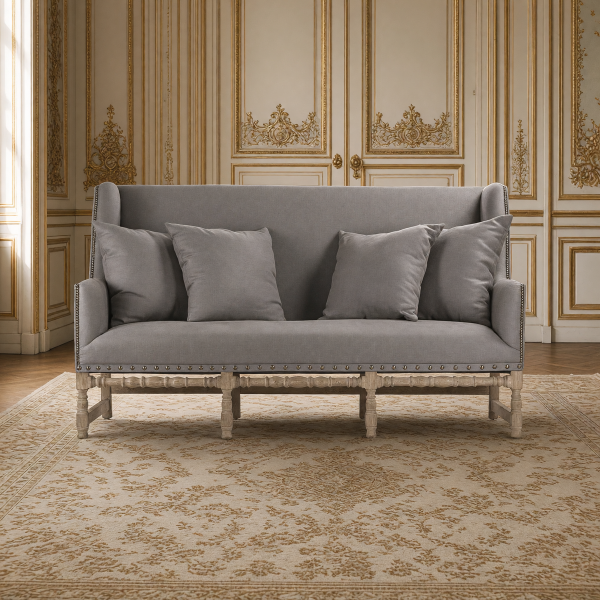 Front view of the Aubert French Linen High-Back Bench in Grey Linen, Limed Grey Oak
