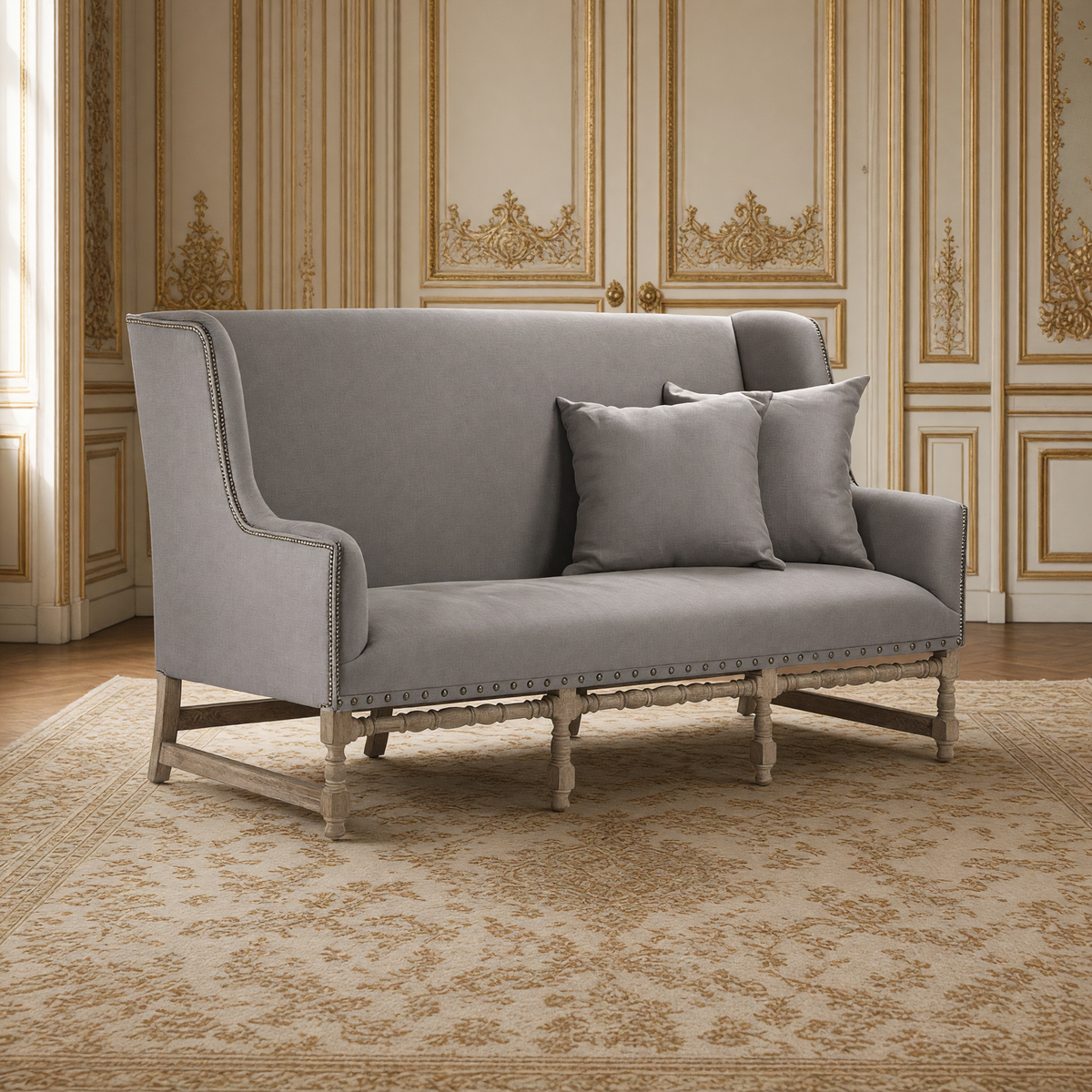 Aubert French Linen High-Back Bench in Grey Linen, Limed Grey Oak, in a French salon