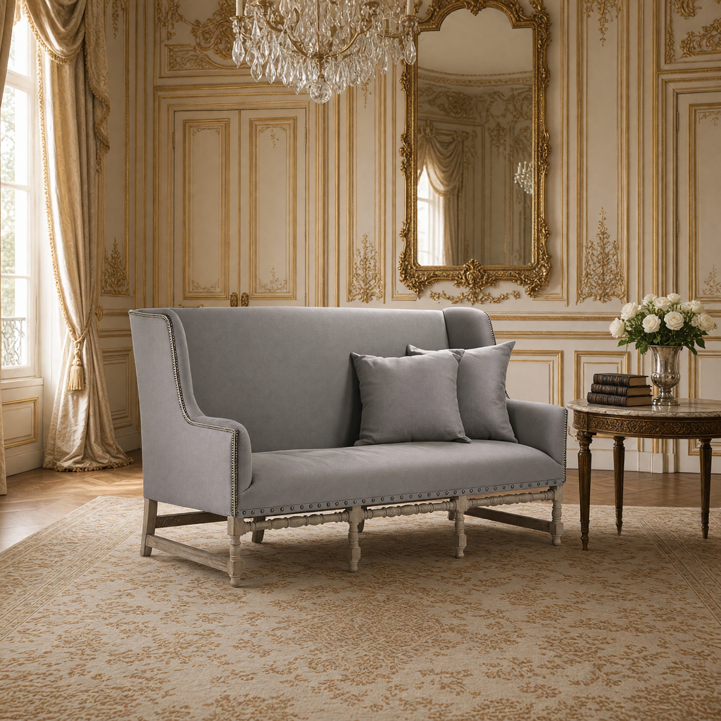 Aubert French Linen High-Back Bench in Grey Linen, Limed Grey Oak, styled in a French salon