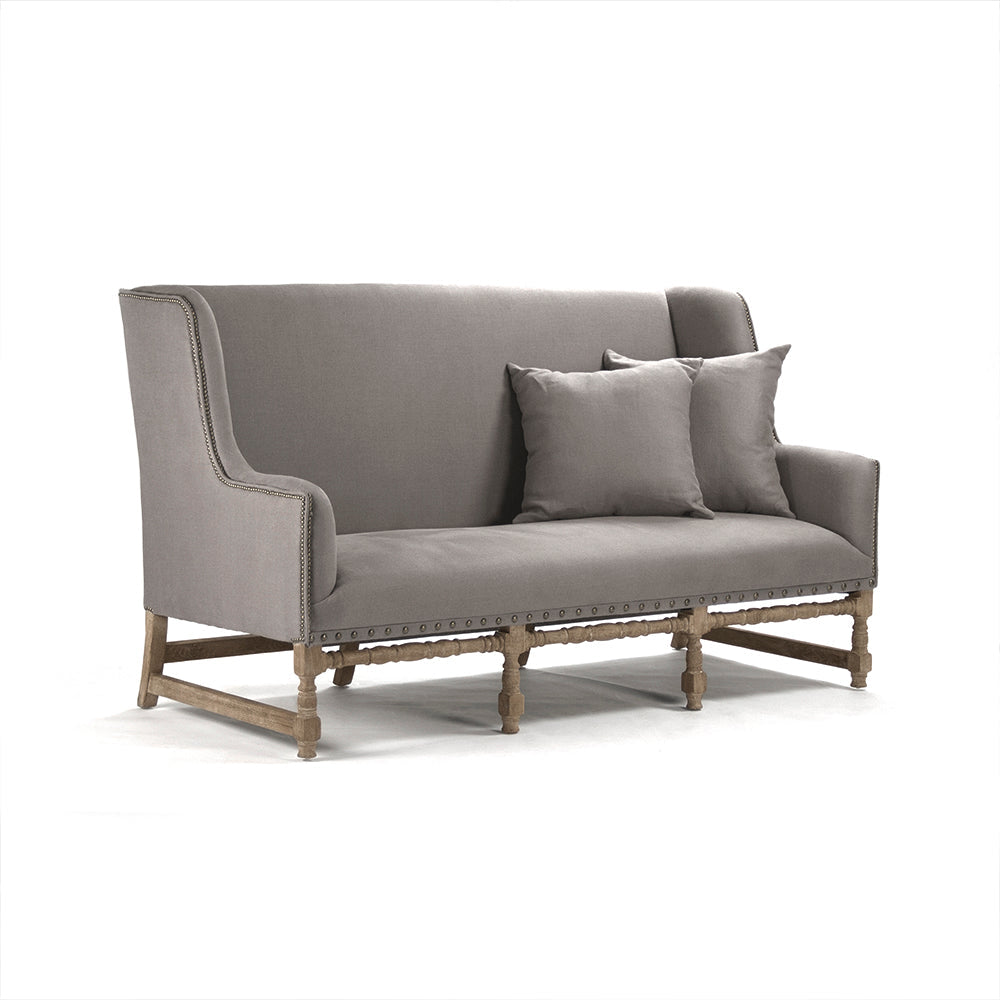 Aubert French Linen High-Back Bench in Grey Linen, Limed Grey Oak, studio photo 1 of 4 on a white background
