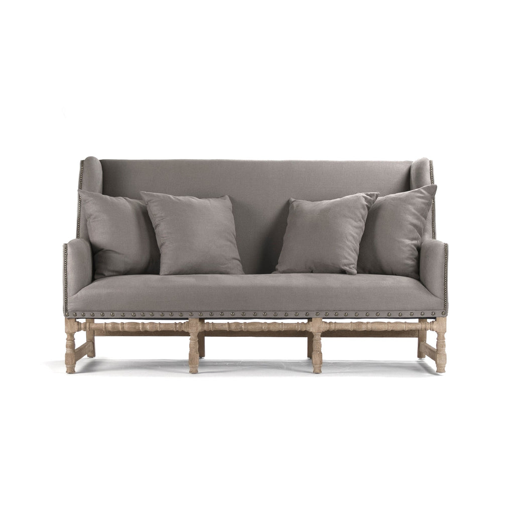 Aubert French Linen High-Back Bench in Grey Linen, Limed Grey Oak, studio photo 2 of 4 on a white background