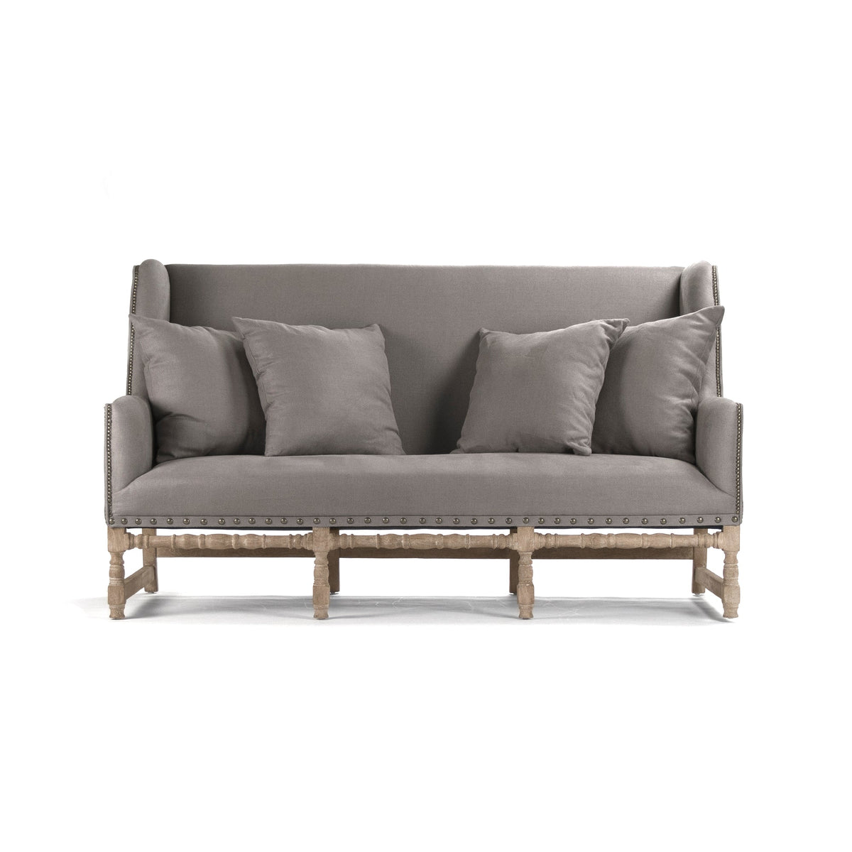 Aubert French Linen High-Back Bench in Grey Linen, Limed Grey Oak, studio photo 2 of 4 on a white background