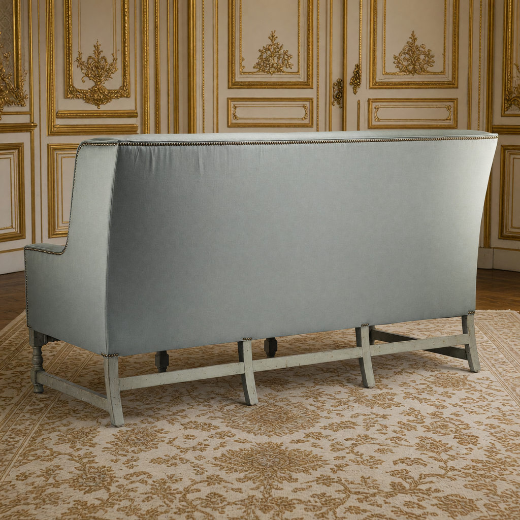 Back view of the Aubert French Linen High-Back Bench in Sage Mixed Linen & Cotton, Oak