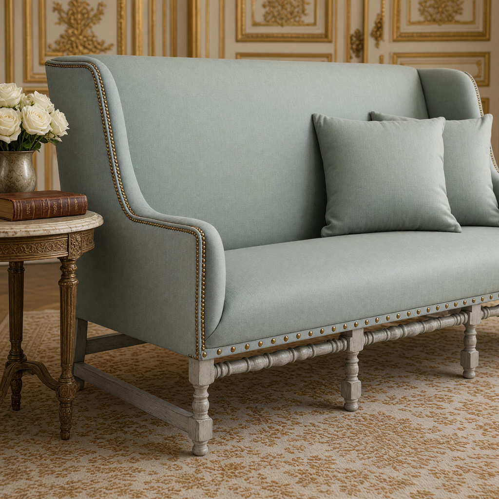 Close-up of the Aubert French Linen High-Back Bench in Sage Mixed Linen & Cotton, Oak