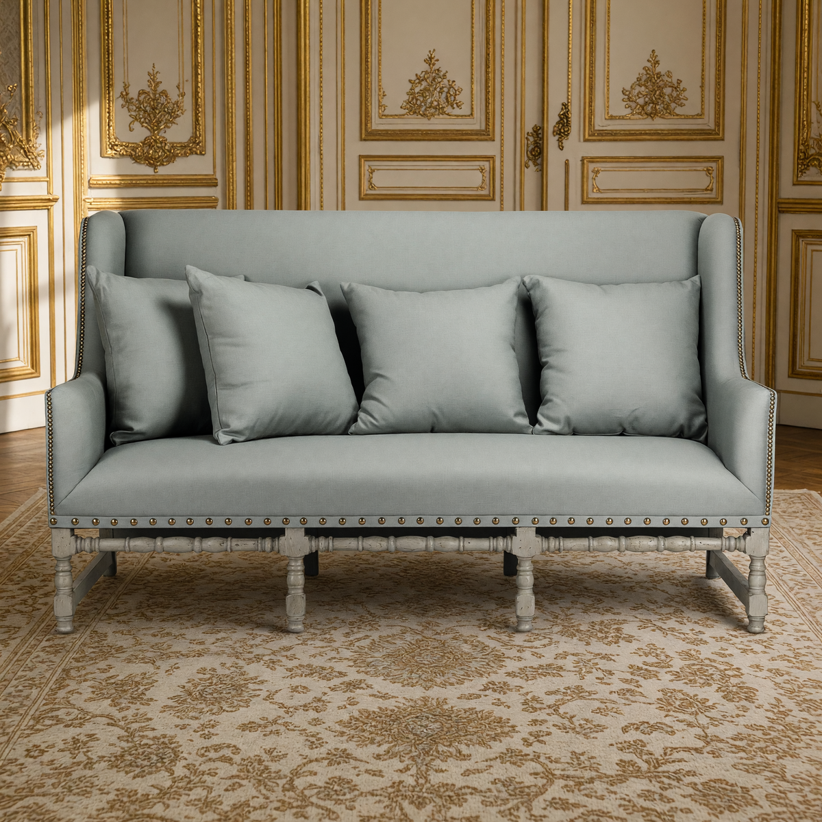 Front view of the Aubert French Linen High-Back Bench in Sage Mixed Linen & Cotton, Oak