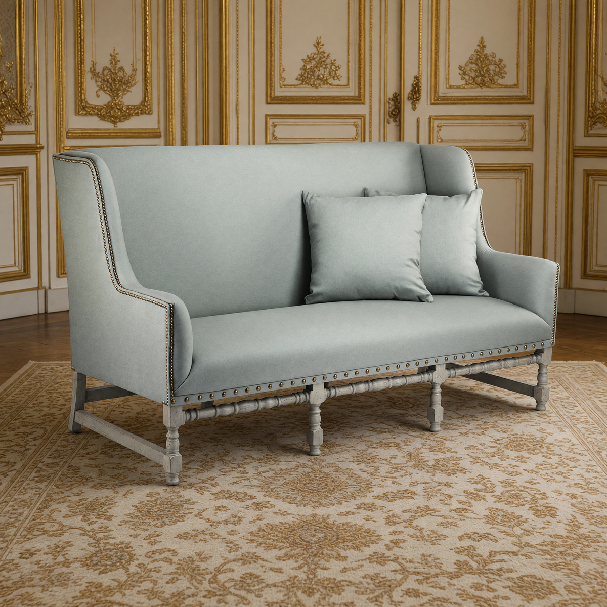 Aubert French Linen High-Back Bench in Sage Mixed Linen & Cotton, Oak, in a French salon