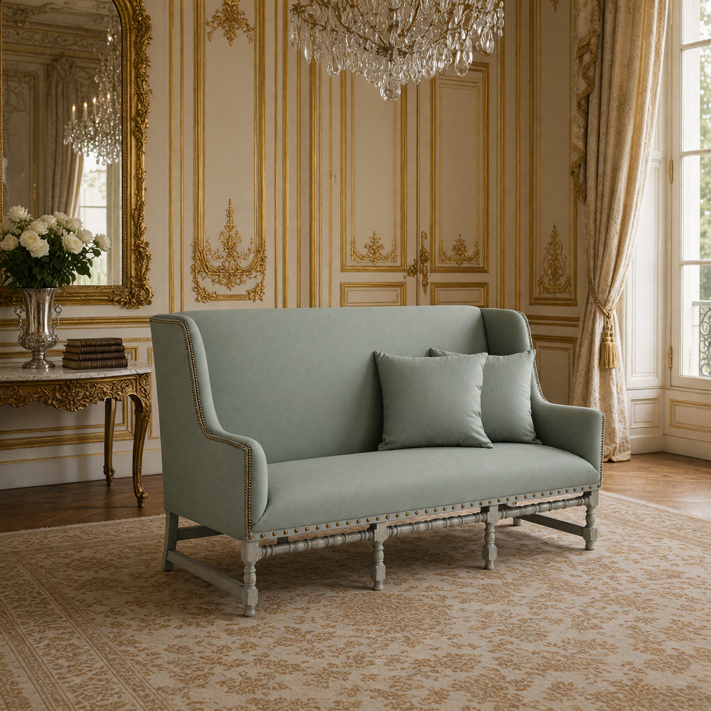 Aubert French Linen High-Back Bench in Sage Mixed Linen & Cotton, Oak, styled in a French salon