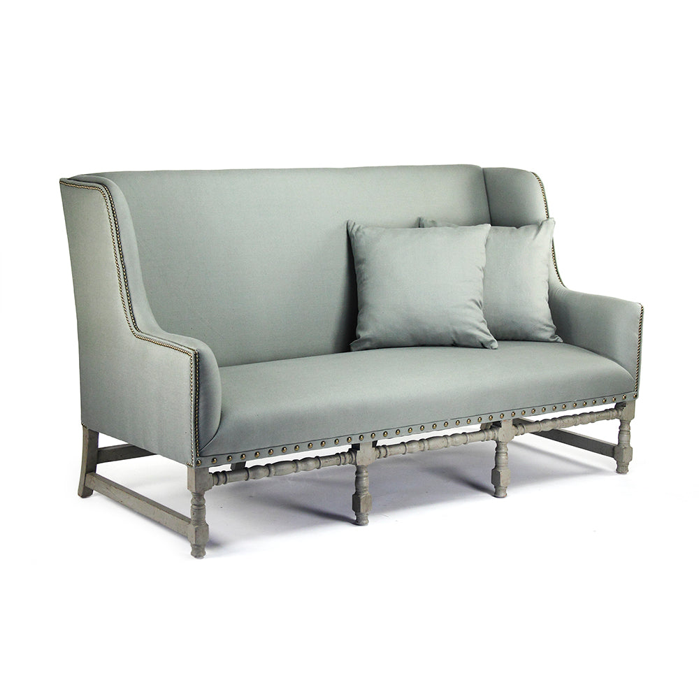 Aubert French Linen High-Back Bench in Sage Mixed Linen & Cotton, Oak, studio photo 1 of 3 on a white background