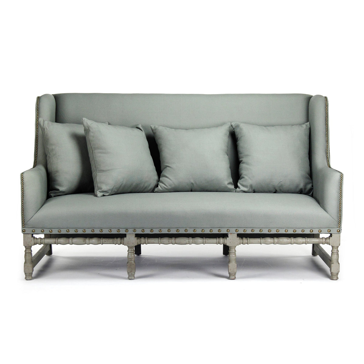 Aubert French Linen High-Back Bench in Sage Mixed Linen & Cotton, Oak, studio photo 2 of 3 on a white background