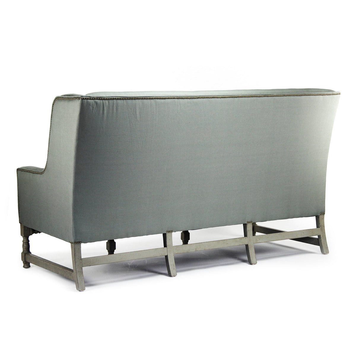 Aubert French Linen High-Back Bench in Sage Mixed Linen & Cotton, Oak, studio photo 3 of 3 on a white background