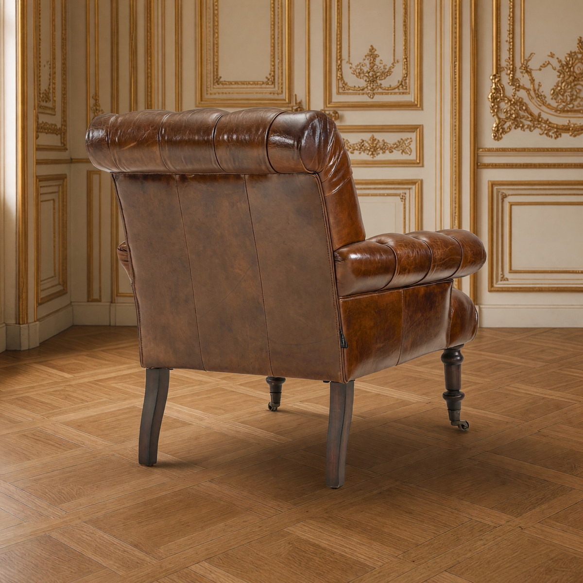 Austin tufted leather armchair back view