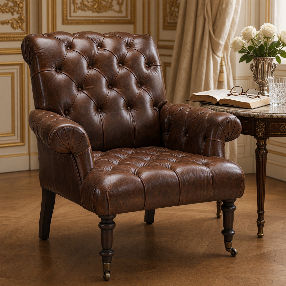 Close view of the tufted back, scrolled arm and tufted seat of the Austin leather armchair
