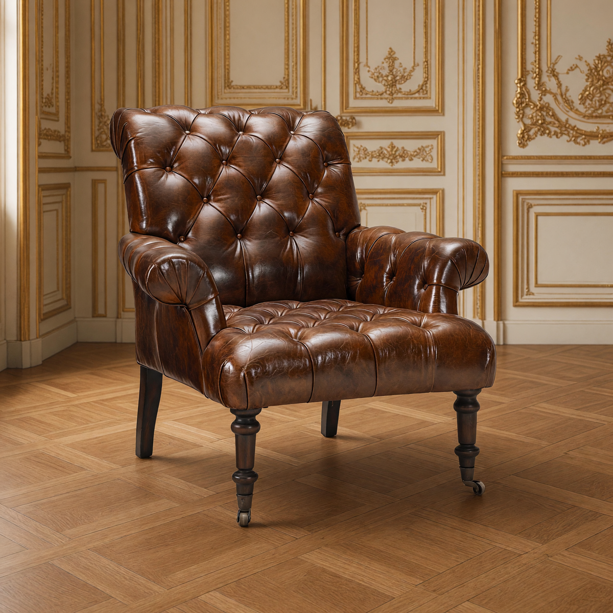 Austin tufted leather armchair in dark antique brown in a classical ivory and gold French salon