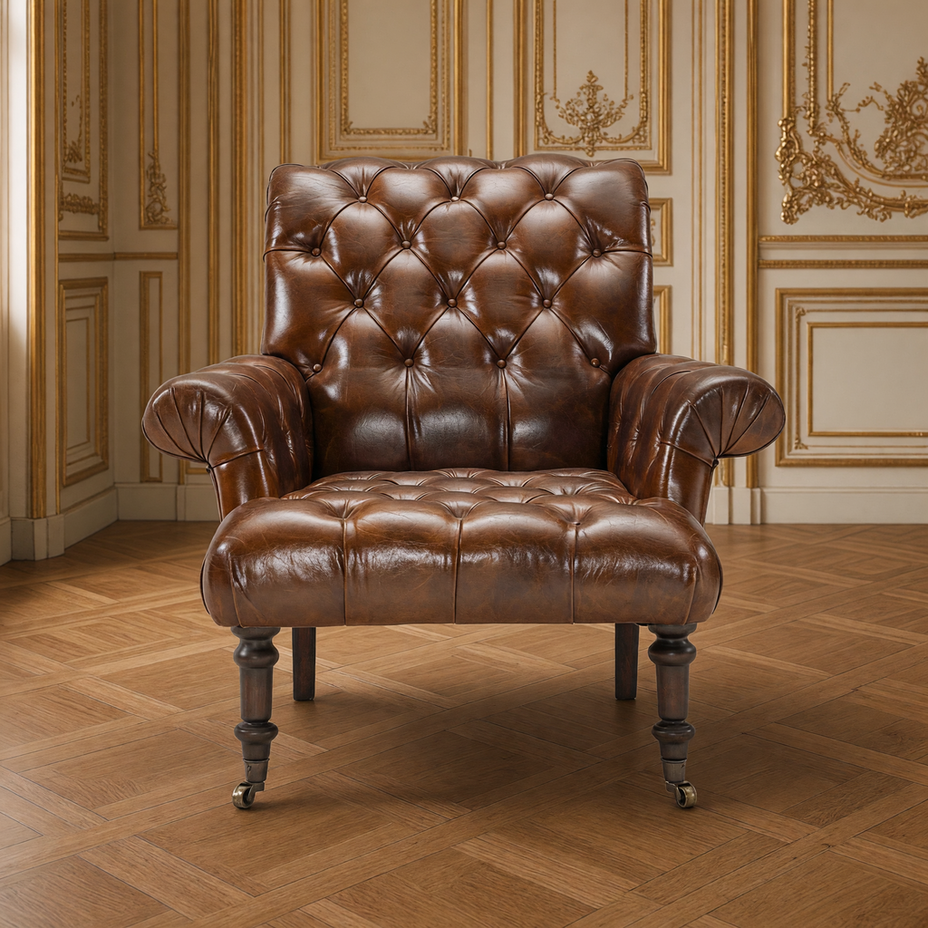 Austin tufted leather armchair front view