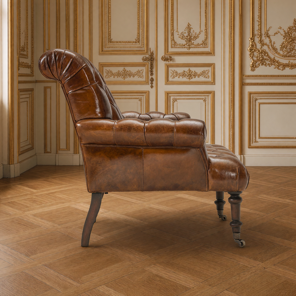 Austin tufted leather armchair side profile with rolled back and brass casters